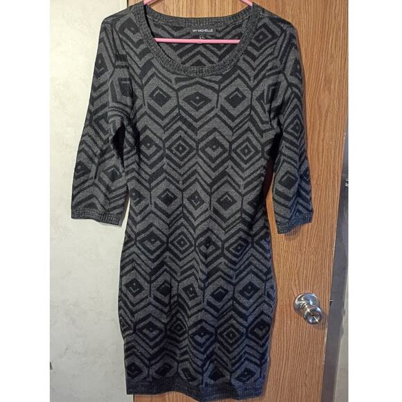 My Michelle black gray geometric sweater dress l cozy winter knit bodycon casual - Picture 2 of 10